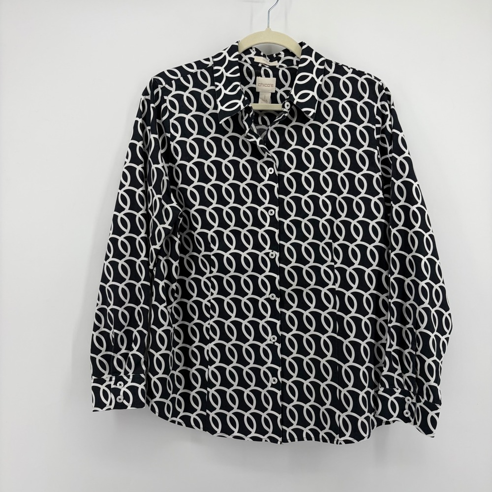 Chico's Women 1 / M Black White Button Down Shirt No-Iron Geometric Circle Print